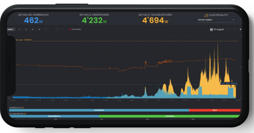 Das Solar Manager Dashboard zeigt übersichtlich den aktuellen Tag an und die generierte Leistung und den Verbrauch hat man sofort im Blick.