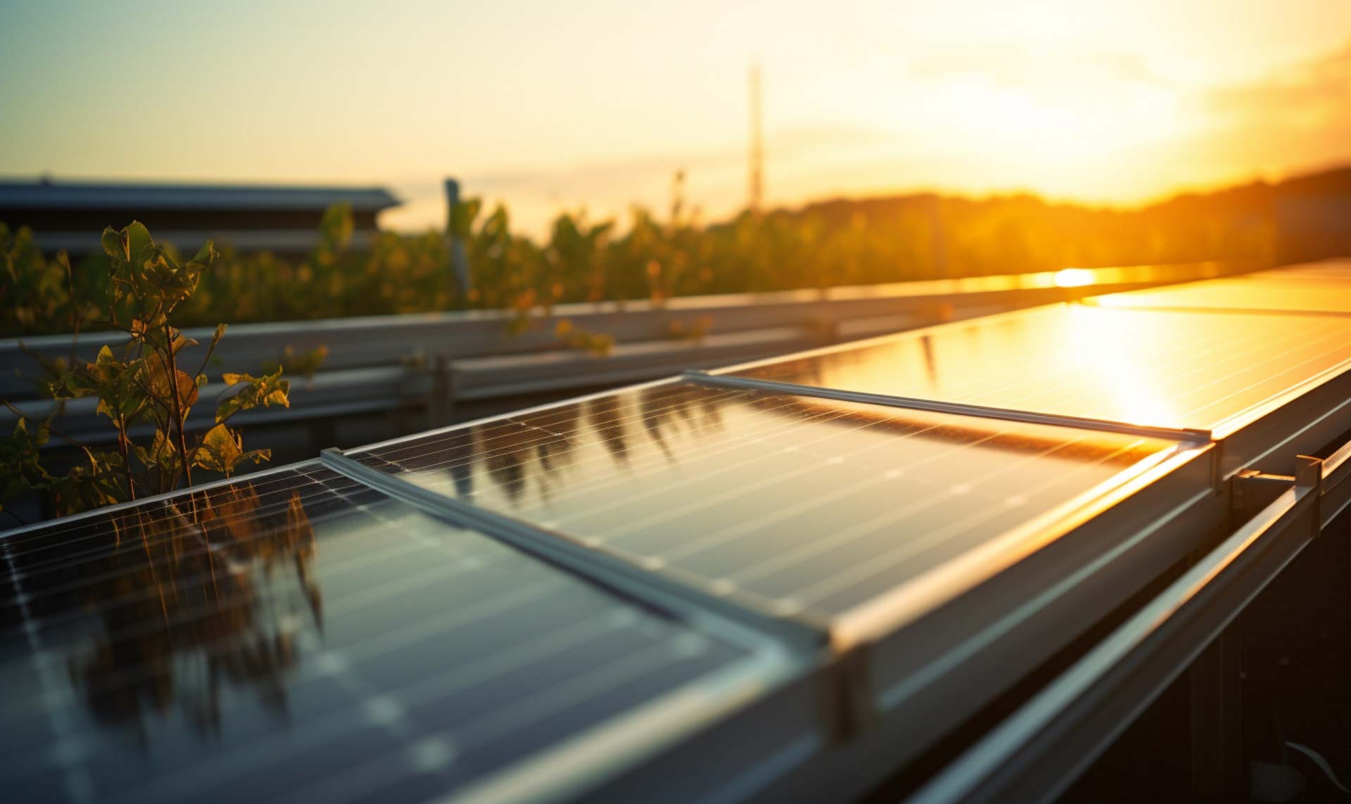 Blick auf eine PV-Anlage vor dem Sonnenuntergang in einem Industriegebiet